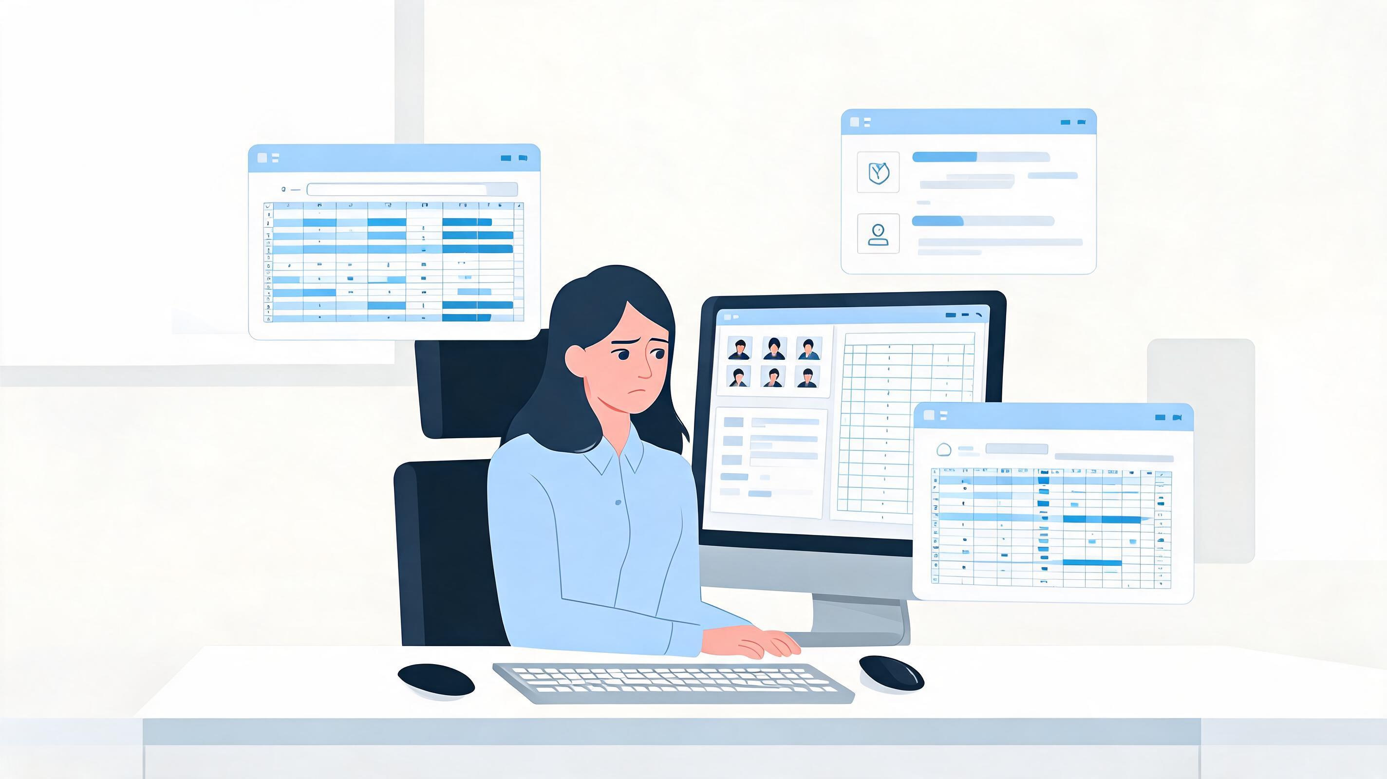 图片：HR 面对多个系统和 Excel 表格手工统计数据的忙碌场景