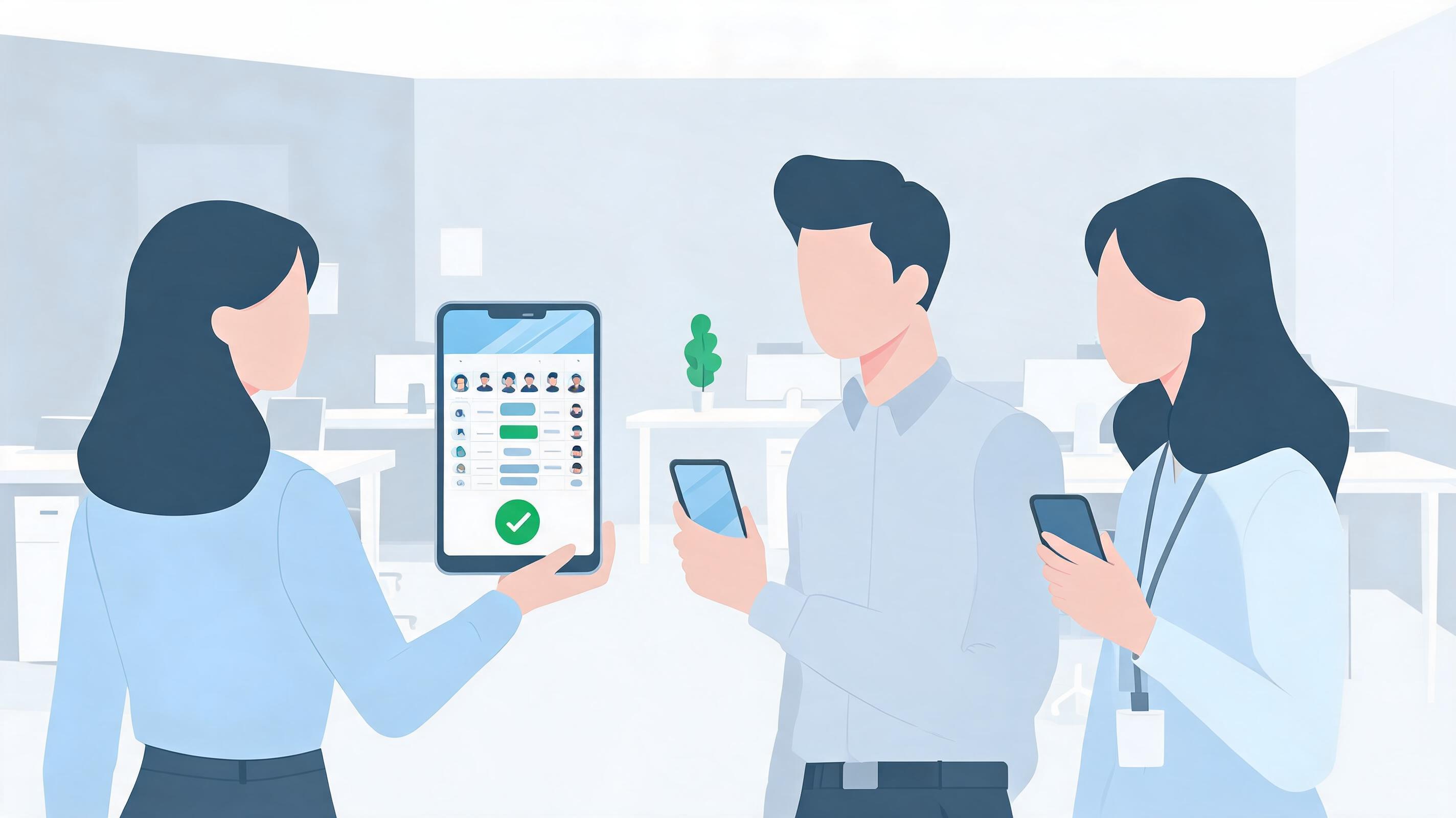 图片：企业HR团队使用移动端查看AI自动生成的排班方案并一键审批的操作场景