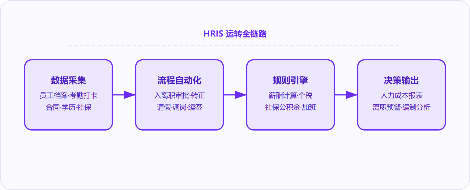图 1：HRIS的核心运转逻辑是"采集—自动化—计算—输出"四步闭环，每一步的数据质量决定下一步的产出价值。