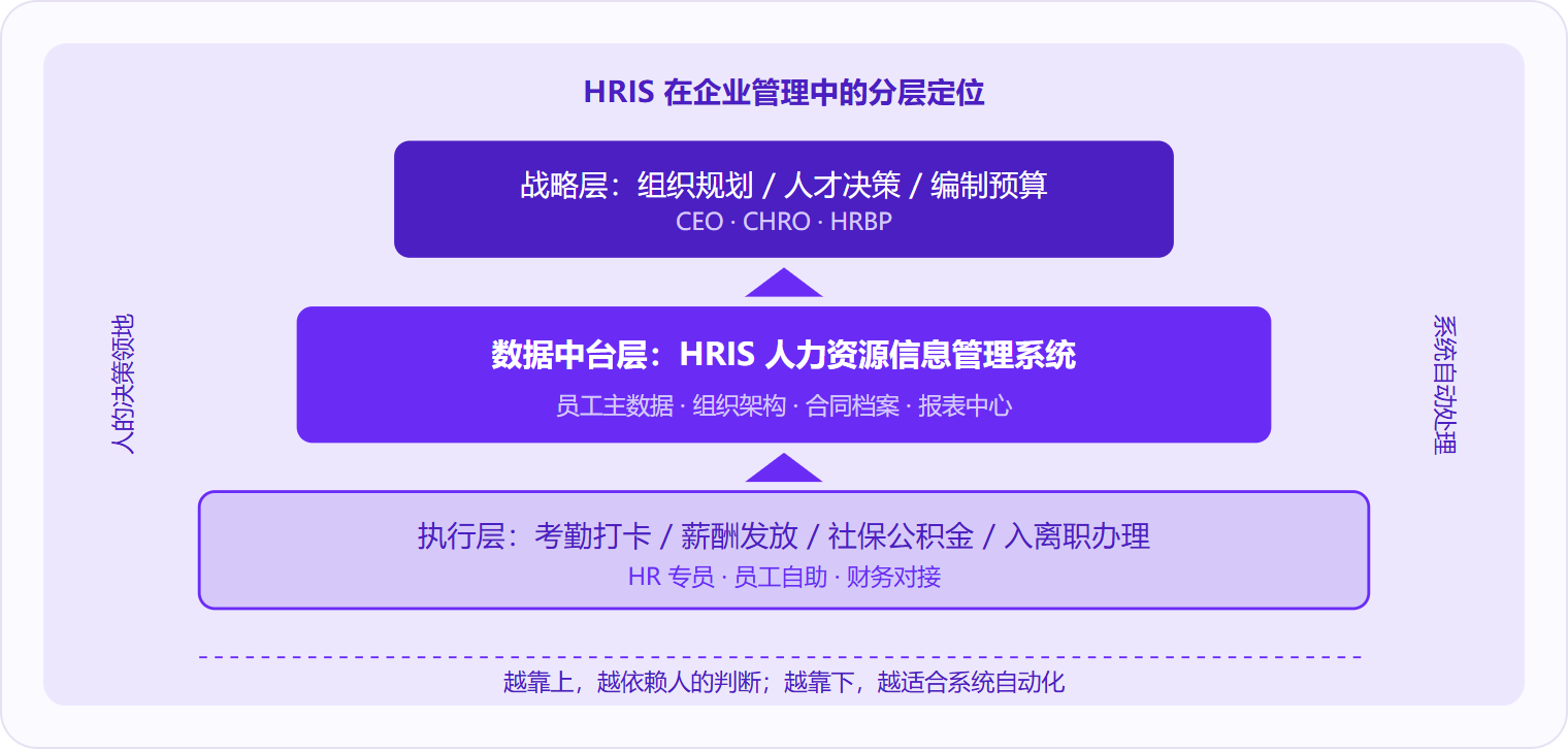 图 2：HRIS 处于企业管理的"数据中台层"，向上支撑人才决策，向下驱动事务执行，但战略判断仍需由人完成。