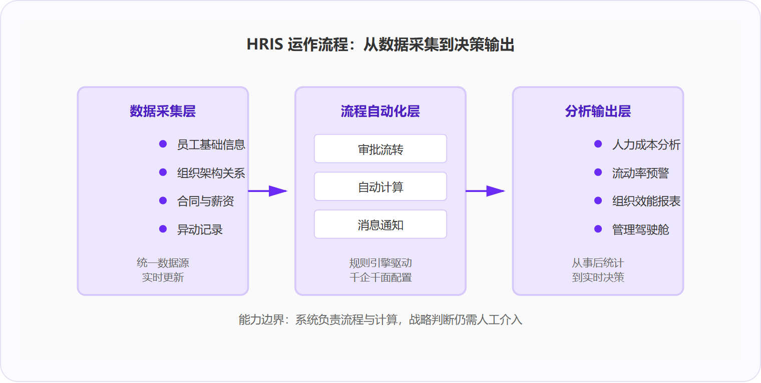 图 1：HRIS 通过三层架构将分散的人力数据转化为可执行的管理决策。